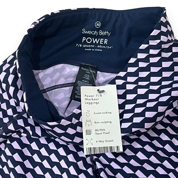 NWT Sweaty Betty 7/8 Power Pocket Workout Leggings XS Navy Blue Slant Print - Picture 6 of 10